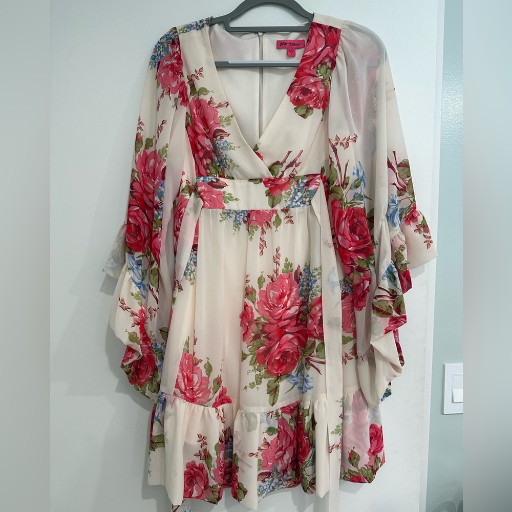 Betsey Johnson Ivory Rose Floral Bambi Bell Sleeve Garden Party Dress Sz 6